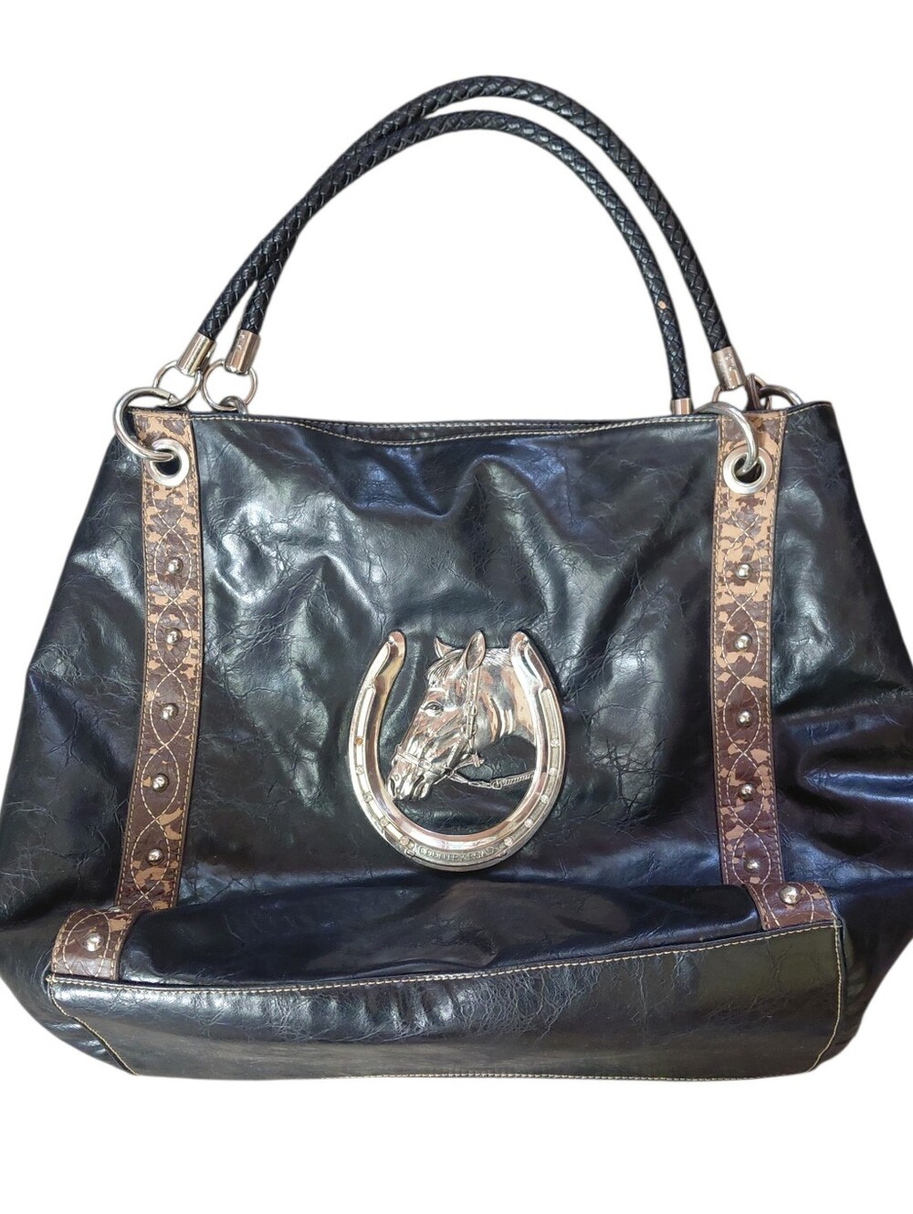Country Road Western Style Zippered Handbag Purse Wih Horse& Horseshoe Emblem